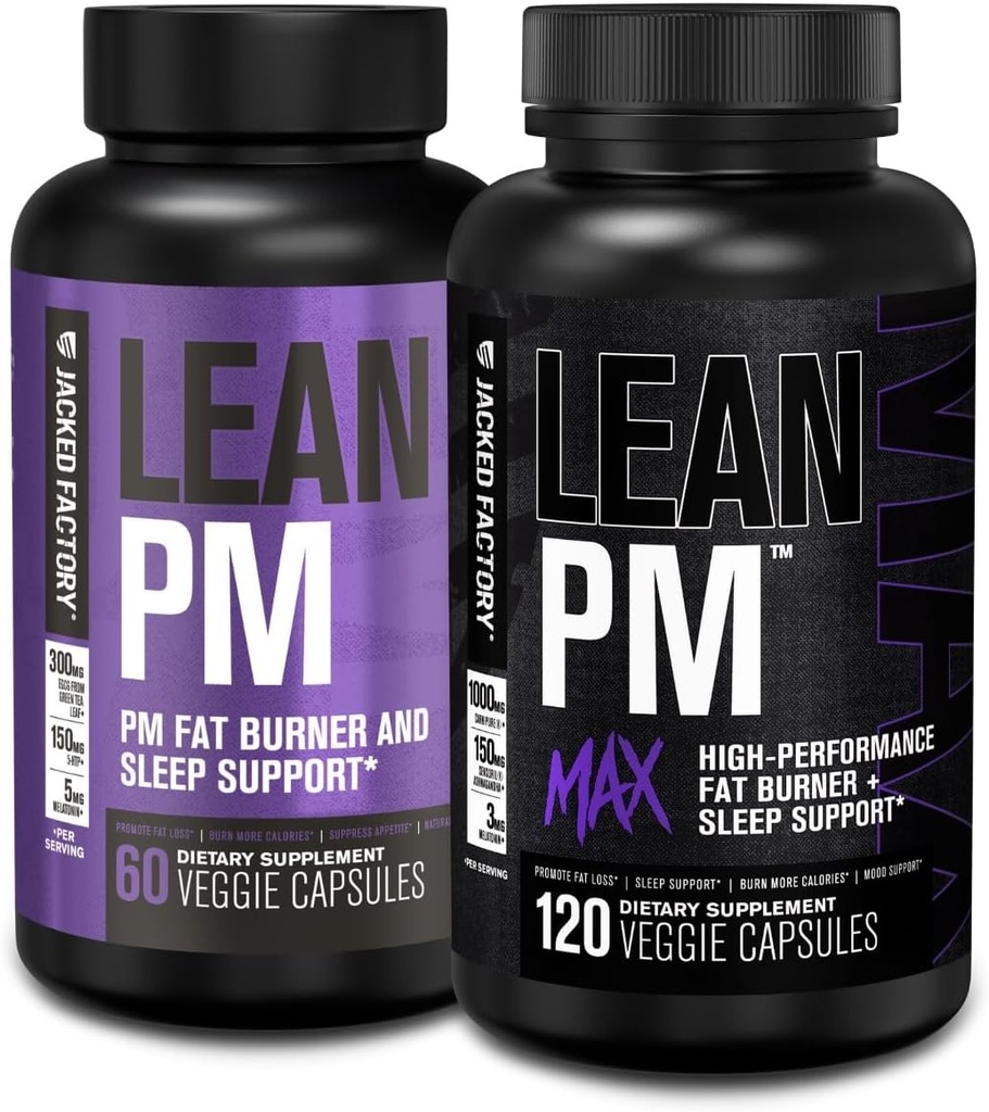 Jacked Factory Lean PM & Lean PM Max Night Time Fat Burner, Sleep Aid Suppressant για άνδρες και γυναίκες (180 κάψουλες)