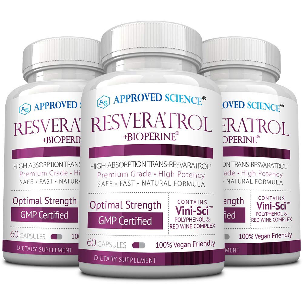 Approved Science® Resveratrol - 1000 mg of Trans Resveratrol - 250 mg of Polyphenol - 98% Purity Level - Includes Bioperine® - 180 Vegan Friendly Capsules per Bottle- 1 Bottle