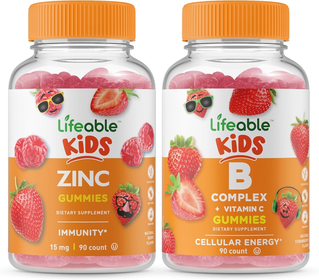 Ζωηρό Zinc Kids + B Complex Kids, Gummies Bundle - μεγάλη γεύση, συμπλήρωμα βιταμίνης, χωρίς γλουτένη, GMO δωρεάν, μασώμενη Gummy