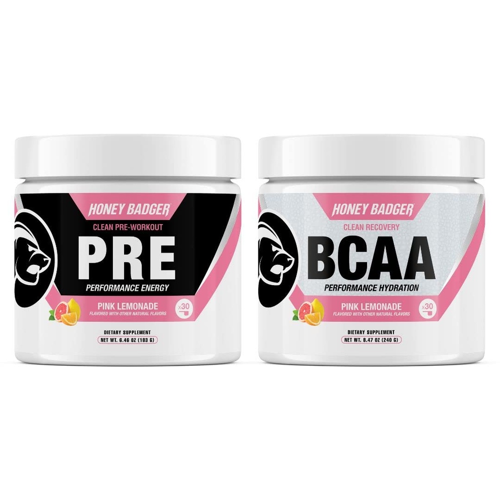Honey Badger Pre Workout Powder & BCAA Amino Acids Powder Bundle | Beta Alanine, Caffeine & Vitamin C + Electrolytes | Vegan Keto Sugar Free & Paleo for Men & Women | 30 Servings (Pink Lemonade)