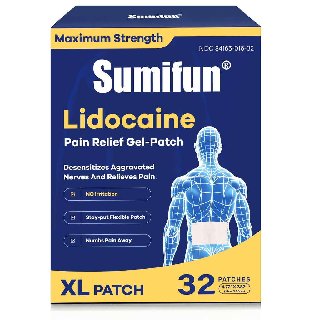 Sumifun XL Lidocaine Patches for Pain Relief, 4% Lidocaine Maximum Strength OTC, Extra Large 4.72"x7.87" for Full Back Pain Patches & Large Areas, 32 Count