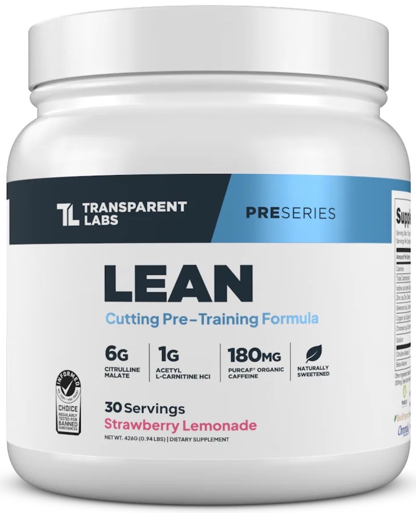 Διαφανή εργαστήρια Lean πριν την προπόνηση - Body Recomposition Pre Workout για άνδρες και γυναίκες με Acetyl L-καρνιτίνη, Beta Alanine σκόνη, & PurCaf οργανική καφεΐνη σκόνη - 30 σερβιρίσματα, λεμόνι φράουλα