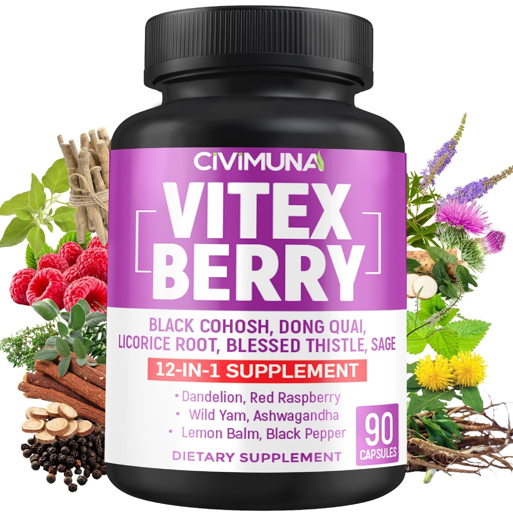 Vitex Berry Extract Capsules with Vitex Berry, Black Cohosh Root, Dong Quai Root and More - 90 Capsules for 3 Months Supply