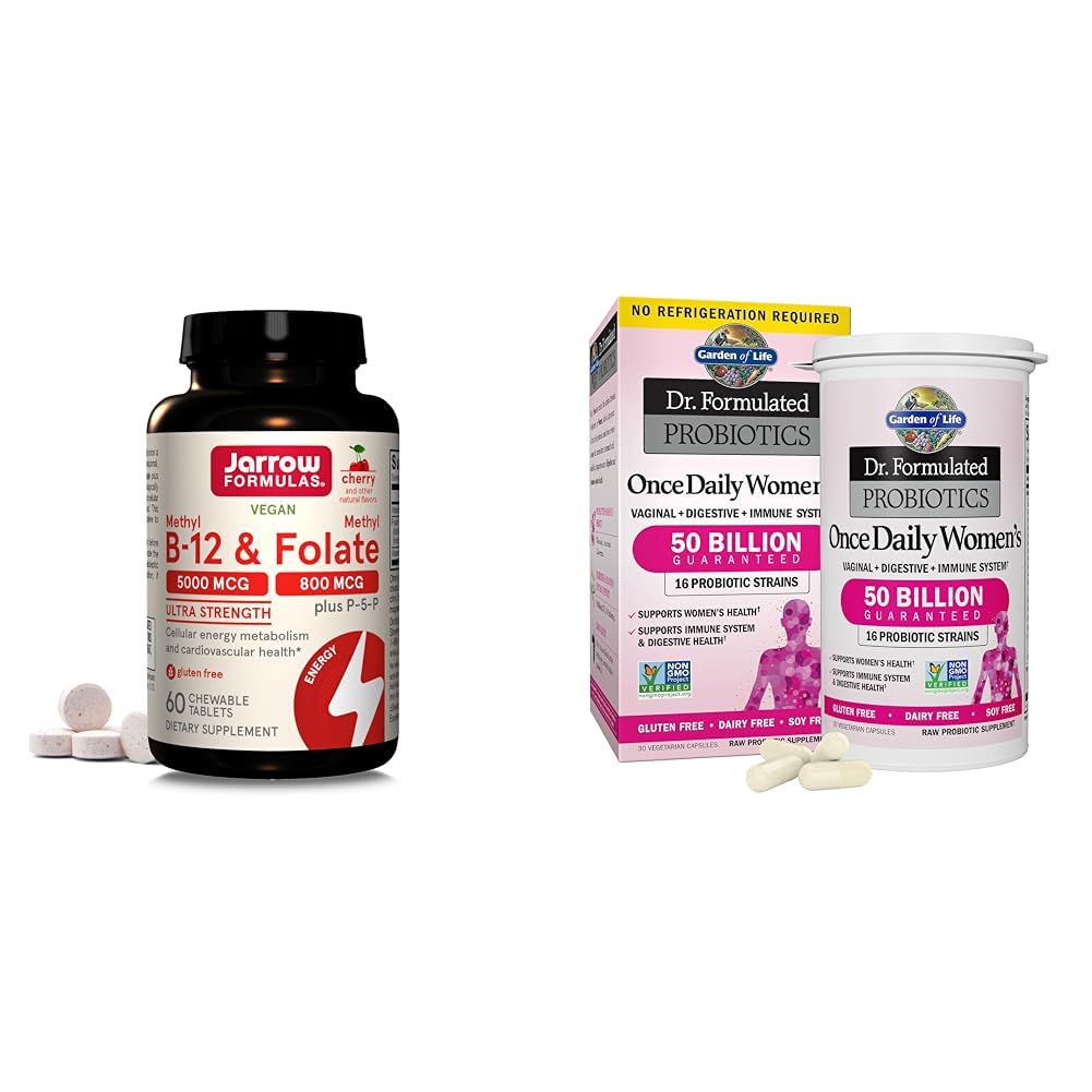 Jarrow Methyl B-12 5000mcg & Methyl Folate 800mcg Chewables + Garden of Life 50 Billion CFU Probiotics for Women Capsules Bundle