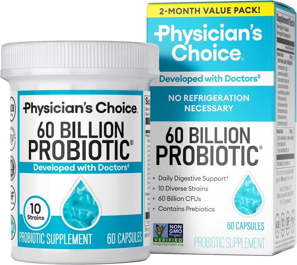 Physician's CHOICE Probiotics 60 Billion CFU - 10 Strains + Organic Prebiotics - Immune, Digestive & Gut Health - Supports Occasional Constipation, Diarrhea, Gas & Bloating - for Women & Men - 60ct