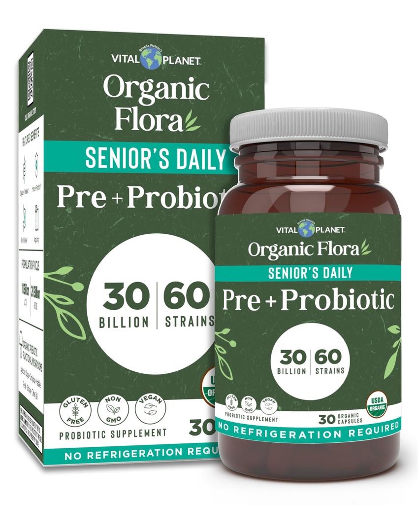 Vital Planet - Organic Flora Probiotics for Senior’s, Daily Shelf Stable Probiotic 30 Billion CFU, 60 Diverse Strains, with Organic Prebiotics, for Immune Support and Digestive Health 30 Capsules