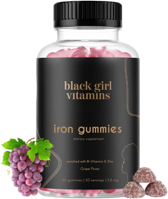Black Girl Vitamins - Iron Gummies (20 mg), Υποστηρίζει την έλλειψη σιδήρου & αναιμία, χωρίς γλουτένη, χωρίς ζελατίνη, Made in The USA (Grape, 60 Count) 30 Ημέρα προσφοράς