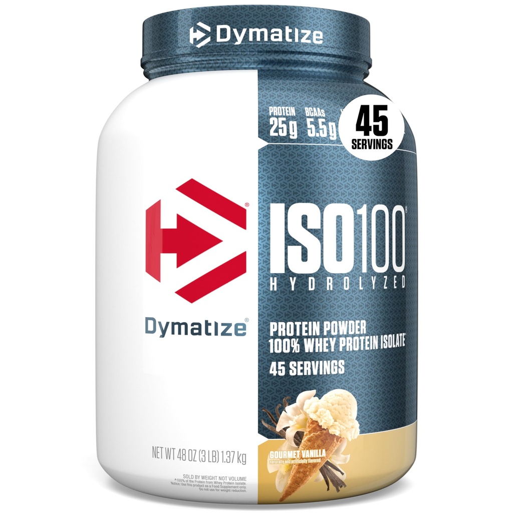 Dymatize ISO100 Whey Protein Powder Isolate, Vanilla, 25g of Protein, 3 Pound, 5.5g BCAAs, Less Than 120 Cal., Gluten Free, 1g Fat, 1g Sugar, 2g Carb (45 Servings)
