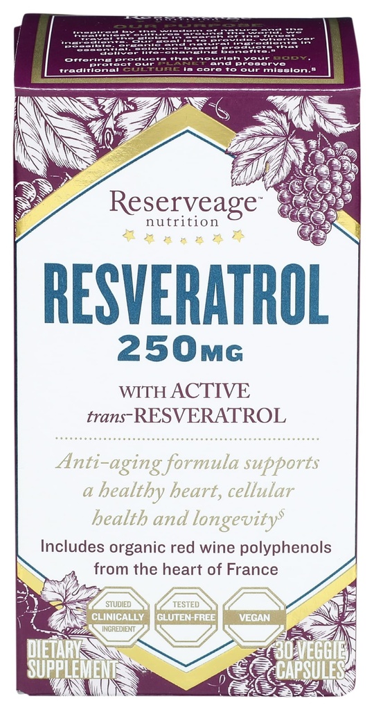 Reserveage Beauty, Resveratrol 250 mg, Antioxidant Supplement for Heart and Cellular Health, Supports Healthy Aging and Immune System, Paleo, Keto, 30 Capsules