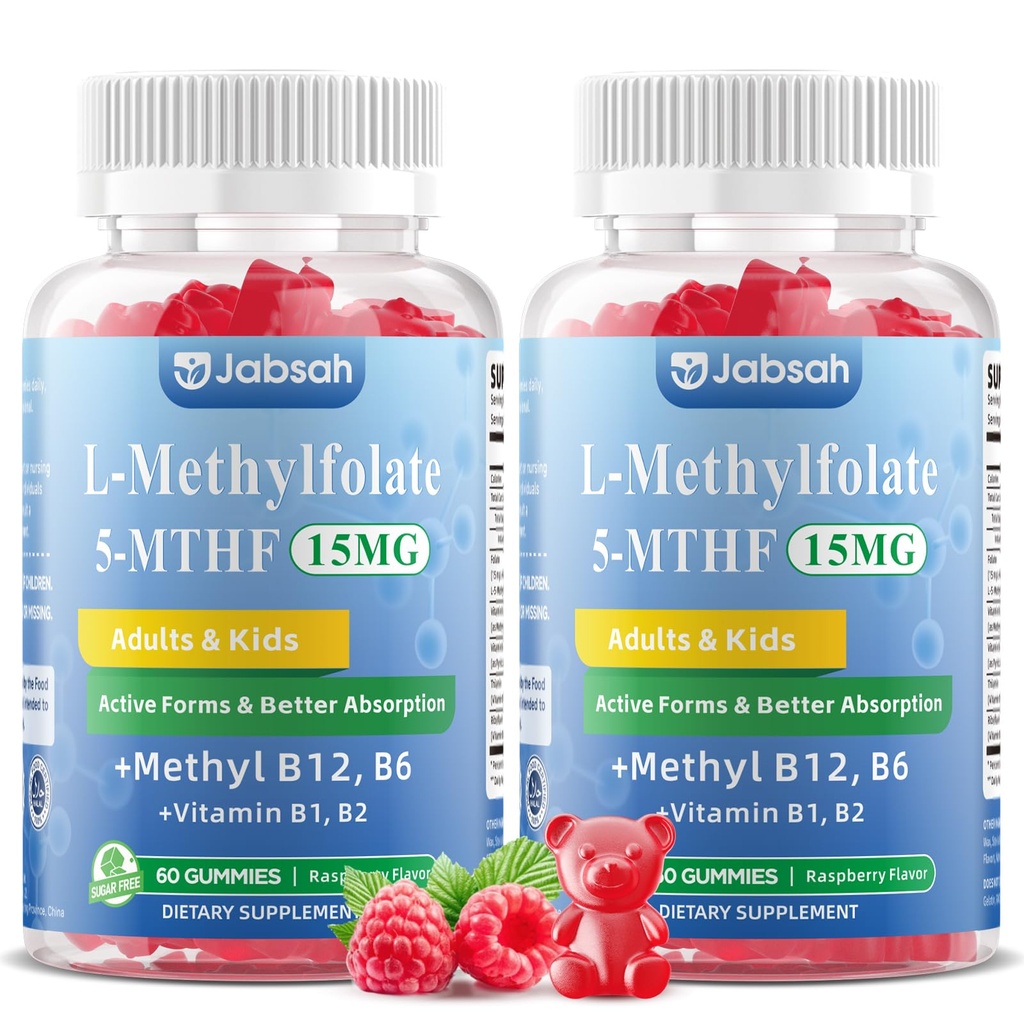 L-MethylFolate 15mg+ Methyl B12 Gummies for Kids & Adults - Active 5-MTHF with Methyl B6, B1, B2 Multivitamin, Supports MTHFR Gene, Cognition, Focus, Vegan, Raspberry Flavor, 120 Count
