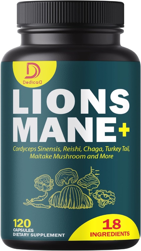 18in1 Mushroom Supplement Complex - with Lion's Mane, Cordyceps Sinensis, Reishi Mushroom - Support Brain Supplement for Energy, Memory and Immune System - 120 Capsules