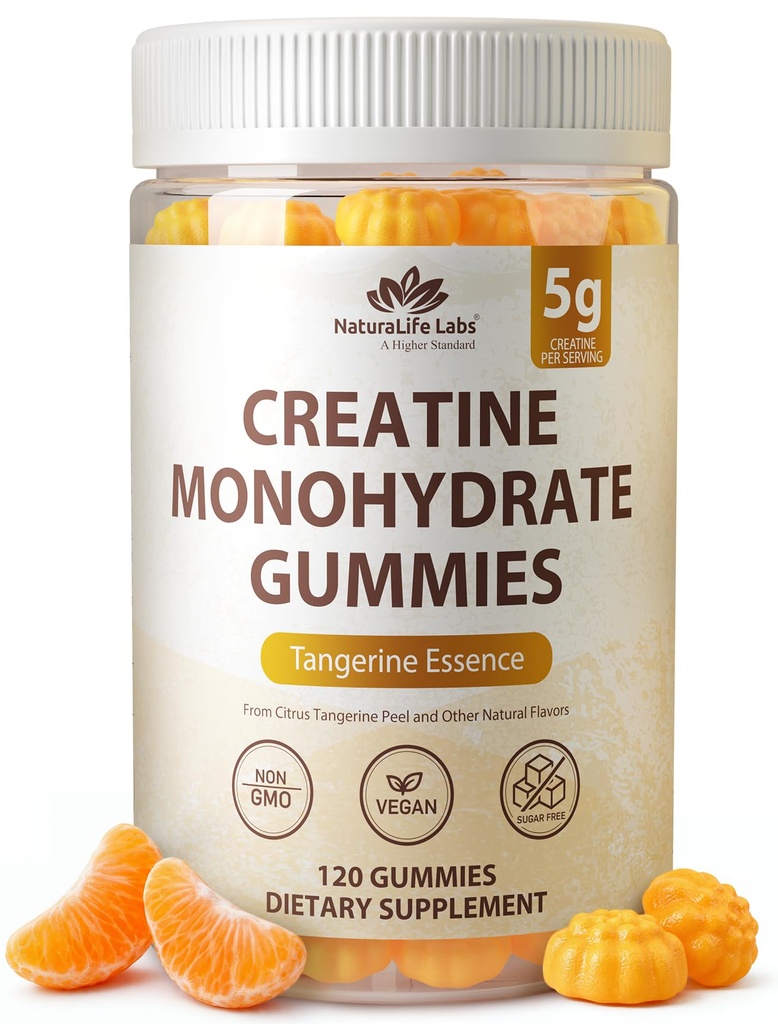 NaturaLife Labs Creatine Monohydrate Gummies - 5g per Serving - Tangerine Flavor - 120 Gummies - Gluten-Free, Non-GMO, Vegan, Sugar Free