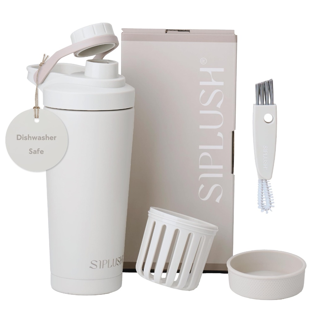 Paradise Shaker Bottle 24 oz, Insulated Stainless Steel Protein Shaker, Dishwasher Safe, with Lid Brush & Protective Boot, Leakproof Twist-Off Chug Cap, Warm Gray, Joshua Dusk
