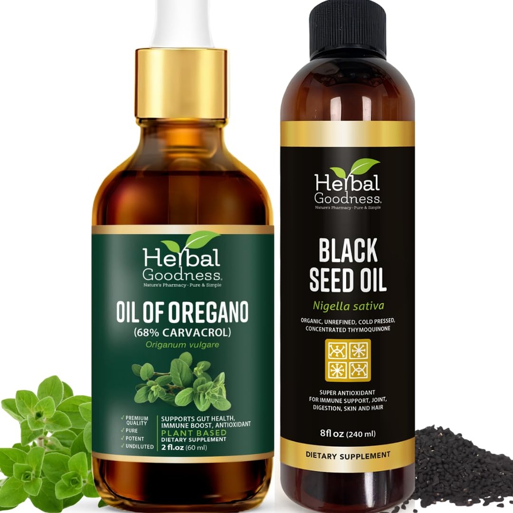 Herbal Goodness Oil of Oregano with Black Seed Oil - Organic, Cold Pressed, Gluten Free, Essential Oils for Skin, Vitamin E, Black Cumin Seed Oil for Wellness Support - 2-Pack Bundle