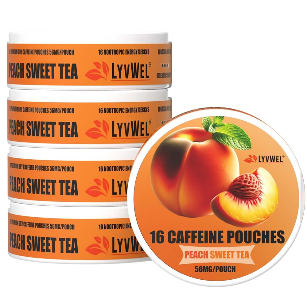 LyvWel 56mg Caffeine Energy Pouches – Peach Sweet Tea – Clean Energy & Focus Boost with Guarana – 5-Pack with 16 Pouches Per Can (80 Total Pouches)