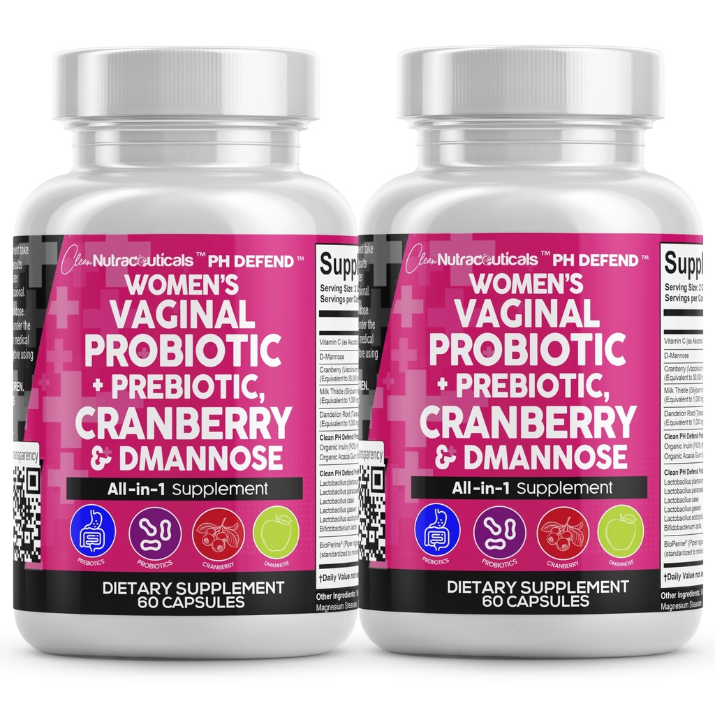 Clean Nutraceuticals Vaginal Probiotics for Women + Prebiotics 20 Billion Cranberry Pills w D-Mannose 500 mg for Urinary Tract Health pH Balance - for Vaginal Health Supplements Pills - 2Pack