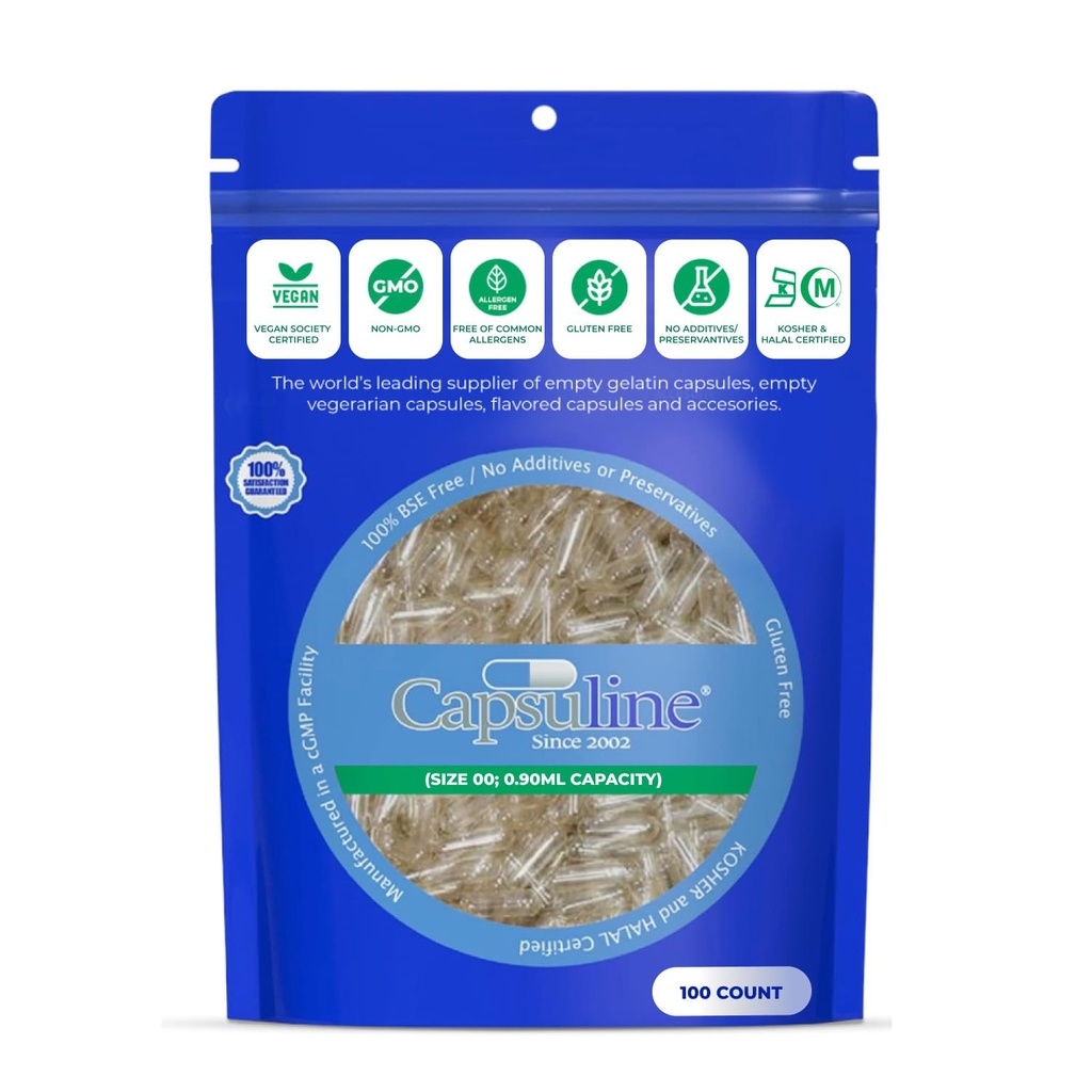 Capsuline Size 00 - Clear Empty Vegan Pullulan Capsules - 100 Count - Empty Pullulan Pill Capsules - DIY Vegan Capsule Filling - Empty Caps - Gluten Free, Non-GMO