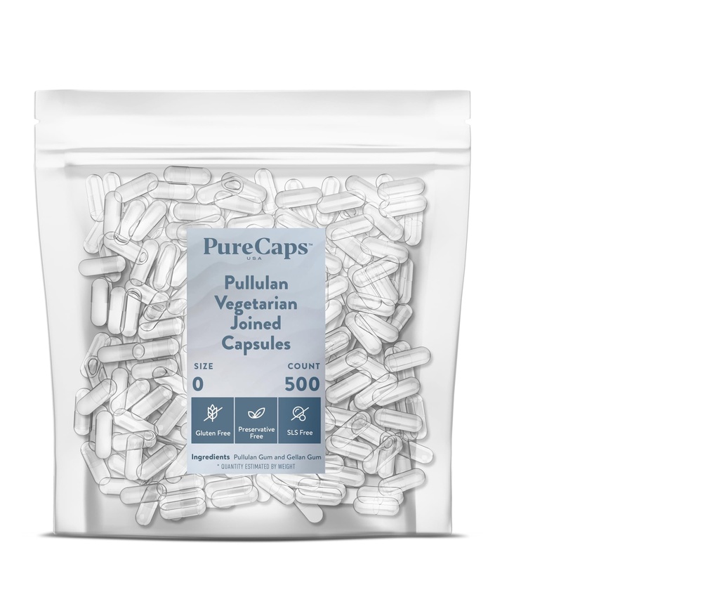 PureCaps USA - Empty Vegetarian Vegan Pullulan Pill Capsules Size 0| 500 Joined Pills| Clear| Non-GMO Certified| SLS, Gluten, Preservative Free