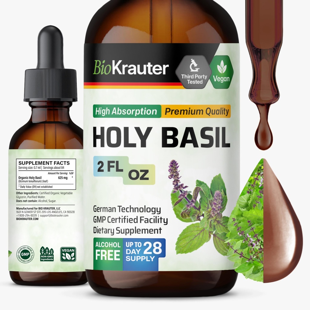 BIO KRAUTER Holy Basil Tincture - Tulsi Powder Liquid Extract - Υποστηρίζει την ηρεμία και την χαλάρωση - Συμπλήρωμα ουρσολικού οξέος - Αλκοόλ και ζάχαρη δωρεάν - σταγόνες Vegan 2 Fl.Oz.