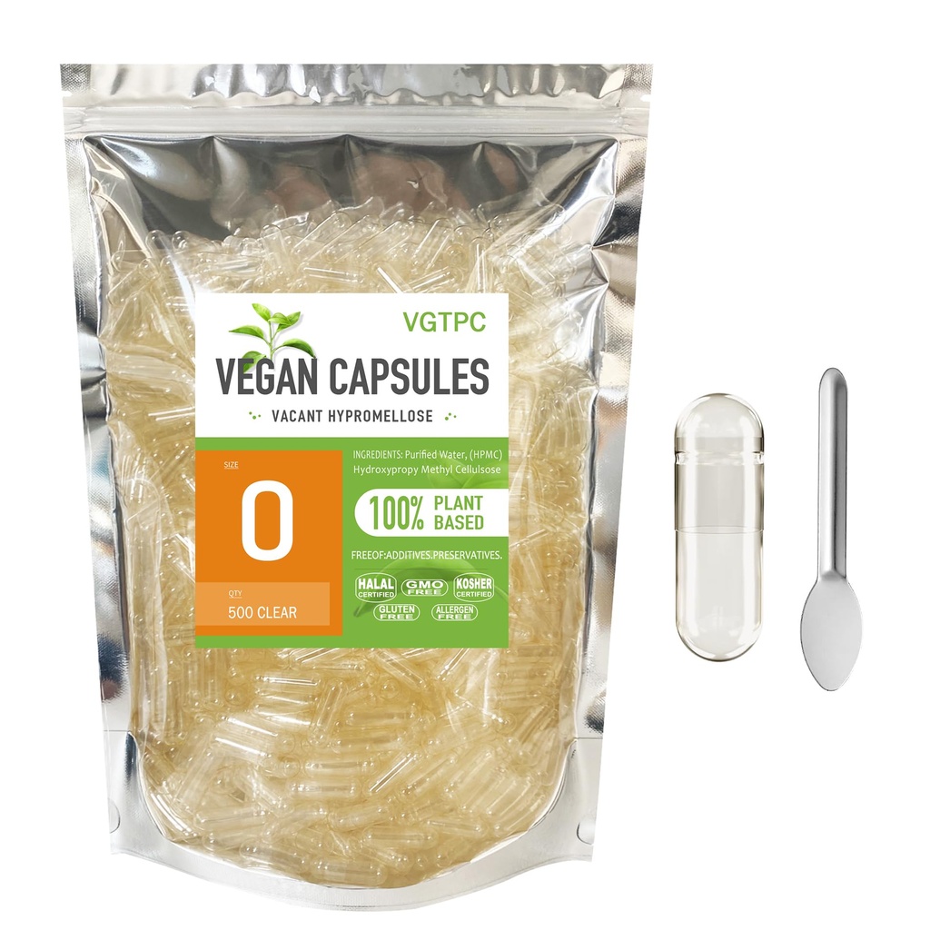 Empty Capsules Size 0 Vegan - 500 Count Clear Empty Plant-Based Capsules -Kosher Certified, Halal Certified, for DIY Supplement Filling