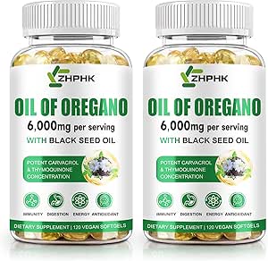 Oil of Oregano with Black Seed Oil, 6000mg Oregano Oil Capsules Organic Natural Carvacrol & Thymoquinone, Immune Digestive Support, Non-GMO, Gluten Free, 120 Count