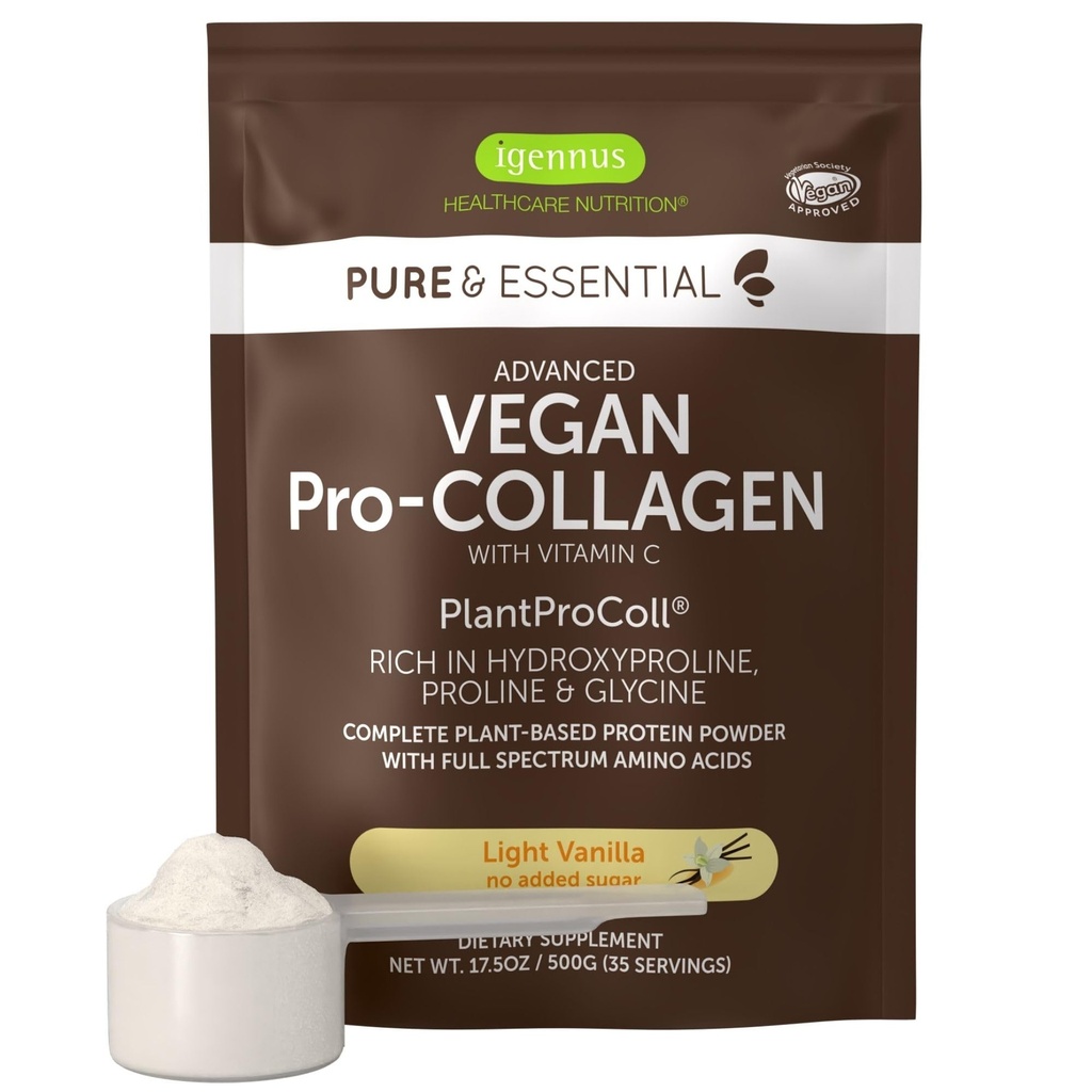 Igennus Advanced Vegan Vanilla Collagen Peptide Peptide Powder, Ενισχυμένη με Γλυκίνη, Proline & Hydroxyproline & Cofactor Vitamin C, Non GMO, Vegetarian Plant Based Collagen Powder Booster, 35 Υπηρεσίες