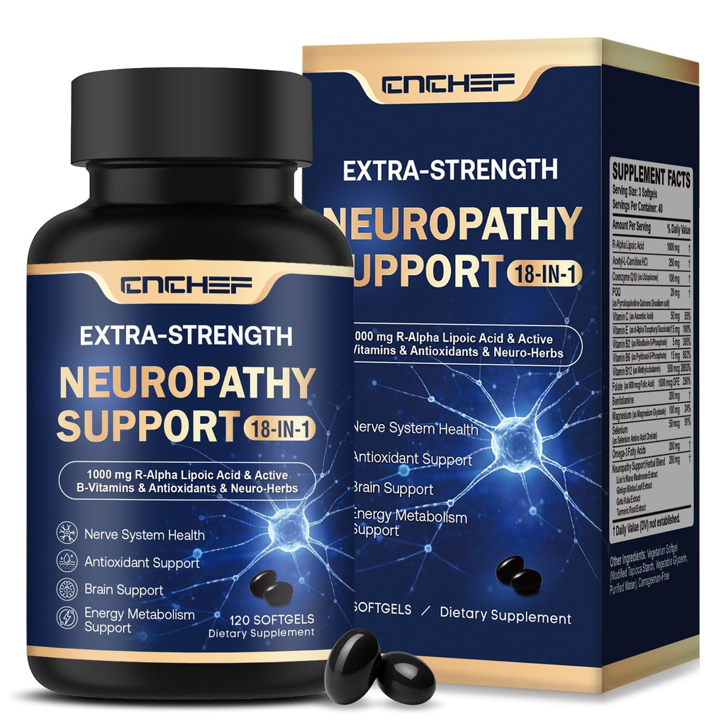 Neuropathy Support Nerve Supplement – 1000mg Advanced R-Alpha Lipoic Acid, L-Carnitine, Benfotiamine, PQQ,CoQ10,Magnesium & B-Complex for Nerve Health,Antioxidant & Cellular Energy,Vegan 120 Softgels