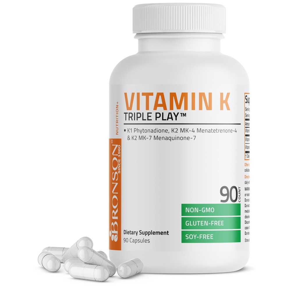 Bronson Vitamin K Triple Play (Βιταμίνη K2 MK7/Βιταμίνη K2 MK4/Βιταμίνη K1) Συμπληρωμένο συμπλήρωμα βιταμίνης K, 90 κάψουλες