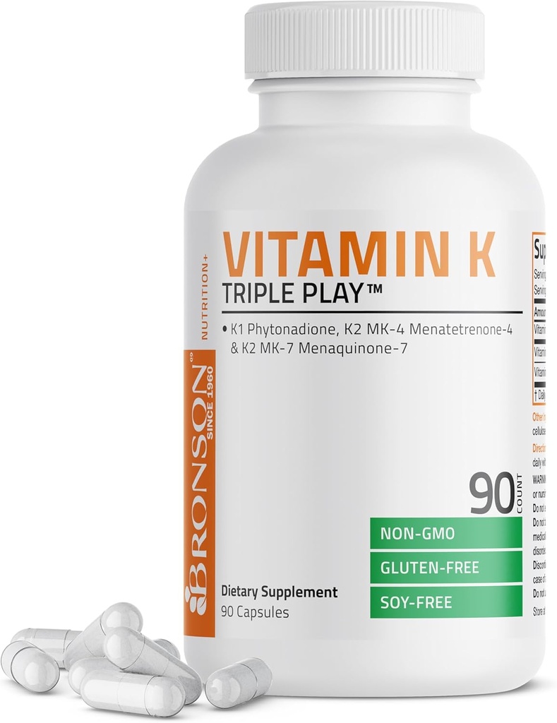 Bronson Vitamin K Triple Play (Βιταμίνη K2 MK7/Βιταμίνη K2 MK4/Βιταμίνη K1) Συμπληρωμένο συμπλήρωμα βιταμίνης K, 90 κάψουλες