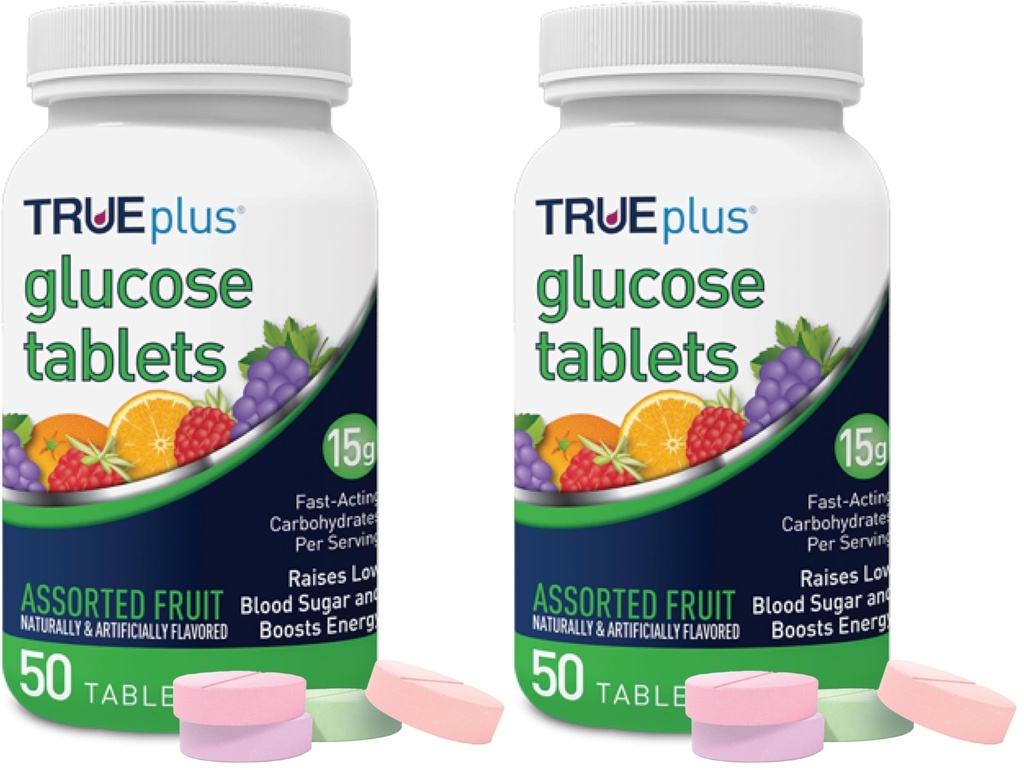 TRUEplus® Glucose Tablets, Assorted Flavor (Grape, Raspberry, Orange) - 50ct Bottle (1) (Pack of 2)