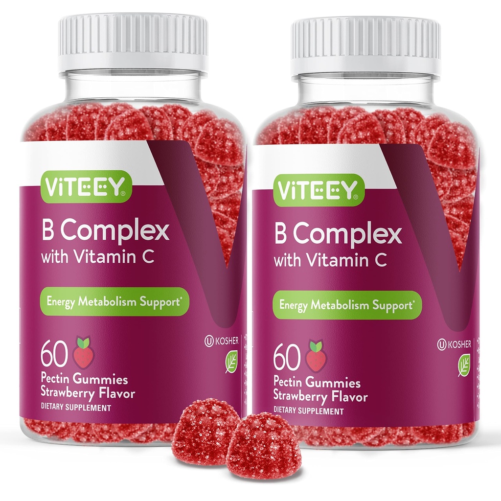 Viteey Vitamin B Complex Gummies with Vitamin C - Ενέργεια, Μεταβολισμός & Ανοσολογική Υποστήριξη - B6, B12, Νιασίνη, Φολικό οξύ, Βιοτίνη, Ασβέστιο - Vegan, Χωρίς Γλουτένη - 120 Count