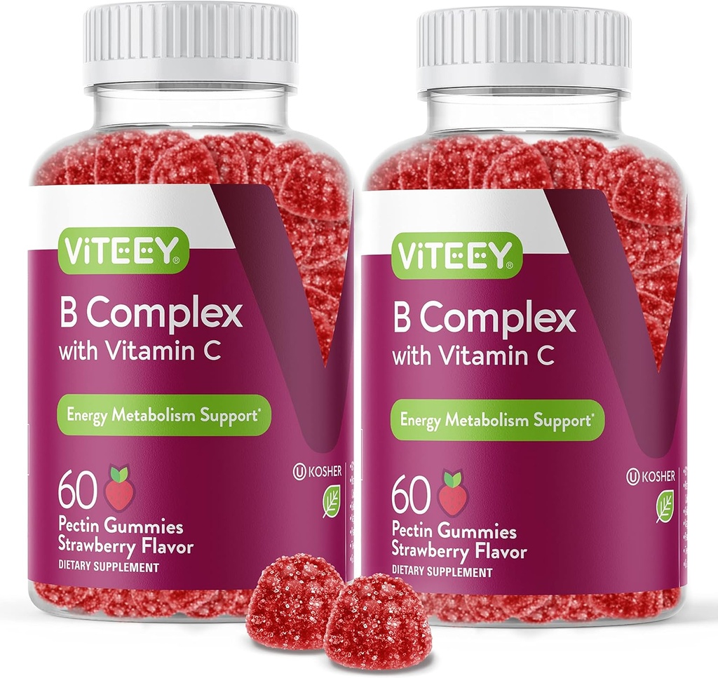 Viteey Vitamin B Complex Gummies with Vitamin C - Ενέργεια, Μεταβολισμός & Ανοσολογική Υποστήριξη - B6, B12, Νιασίνη, Φολικό οξύ, Βιοτίνη, Ασβέστιο - Vegan, Χωρίς Γλουτένη - 120 Count