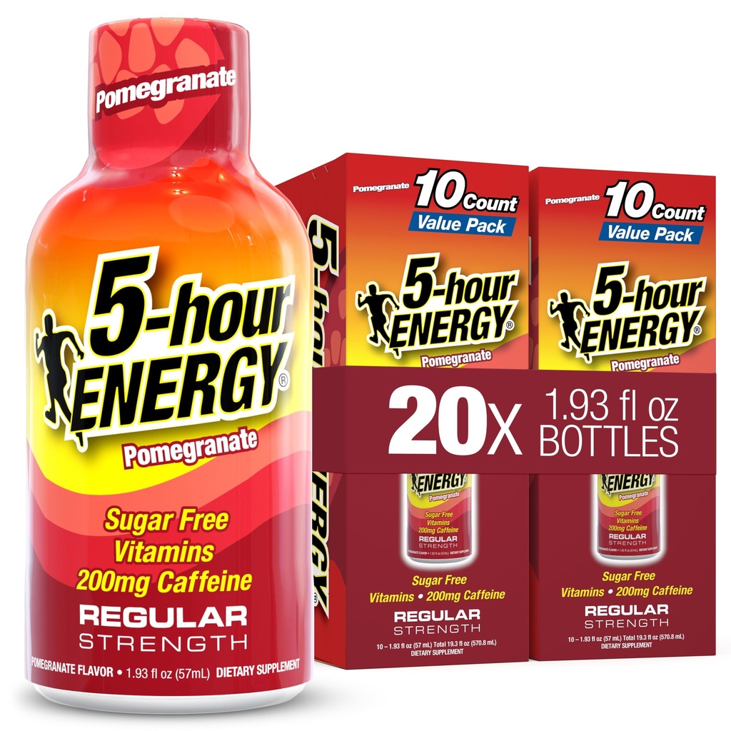 5-hour ENERGY POMEGRANATE Flavor, 20 Count, 1.93 Fl Oz Energy Shot, Regular Strength, Amino Acids, B Vitamins, Sugar Free and Zero Calories