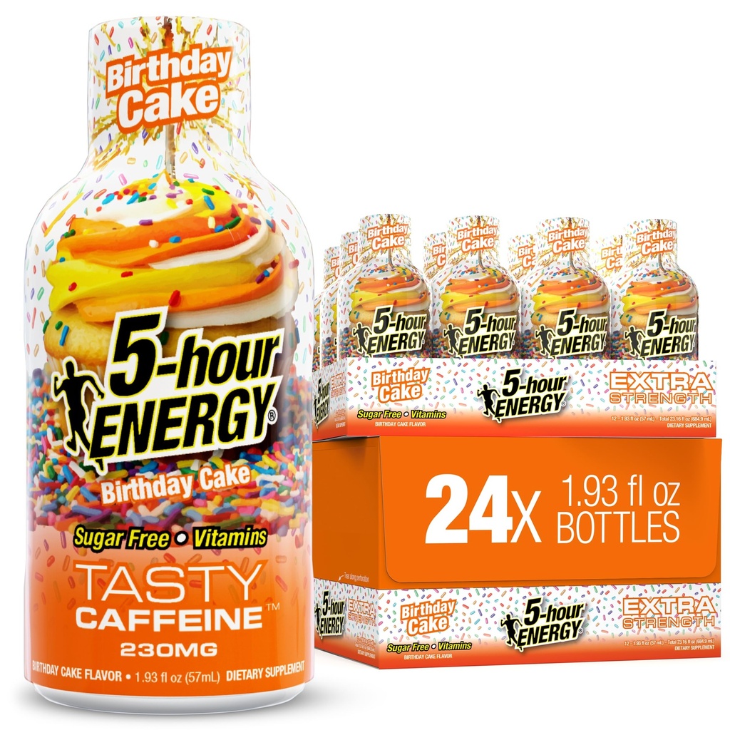 5-hour ENERGY BIRTHDAY CAKE Flavor, 24 Count, 1.93 Fl Oz Energy Shot, Extra Strength, Amino Acids, B Vitamins, Sugar Free and Zero Calories