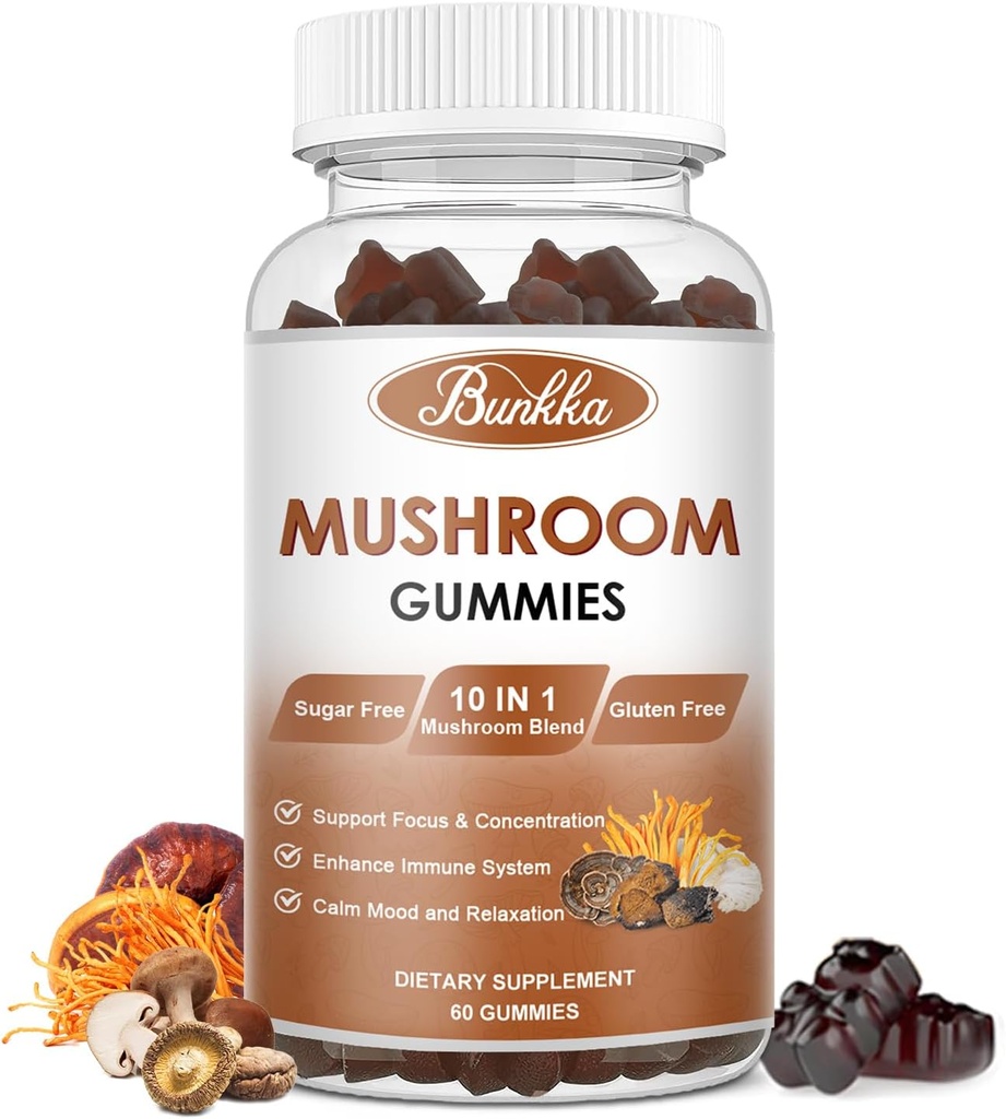 Organic Mushroom Gummies 10 Blend - Mushroom Complex - Ανοσολογική Υποστήριξη, Ενέργεια - Συμπλήρωμα Μανιταριών για Άνδρες & Γυναίκες, 60 Gummies