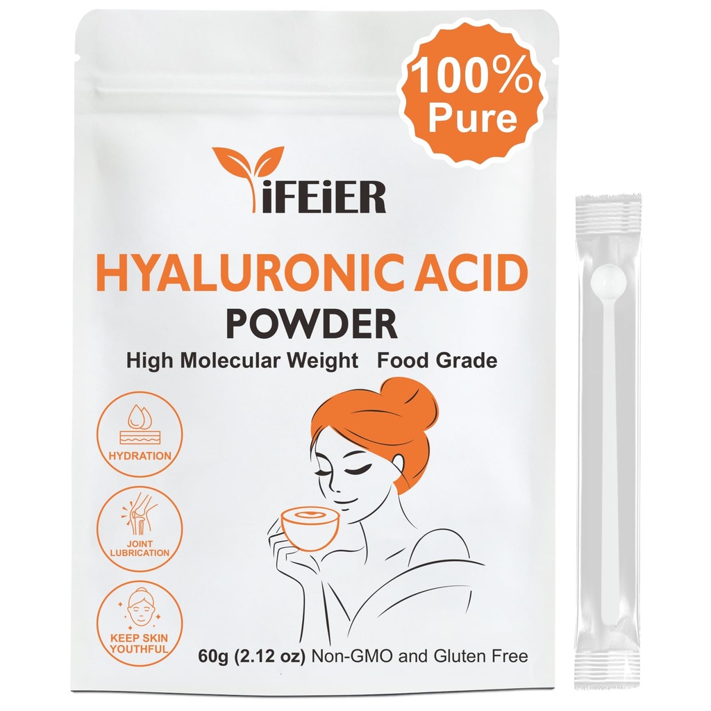 iFEiER Pure Hyaluronic Acid Powder | Food Grade Hyaluronic Acid Supplements | 60g(2.12oz) | HMW LMW High Molecular Weight Hyaluronic Acid Powder| Skin Hydration and Joint Lubrication