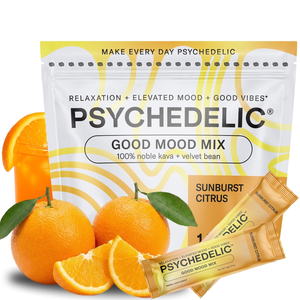 Psychedelic Water Calming Kava Drink Mix - Kava kava Flavored Drink Mix - Easy Open Single-Serving - Flavored Kava - Mucuna Pruriens - Stevia - Adaptogen Mocktails - 14 Sticks - Sunburst Citrus