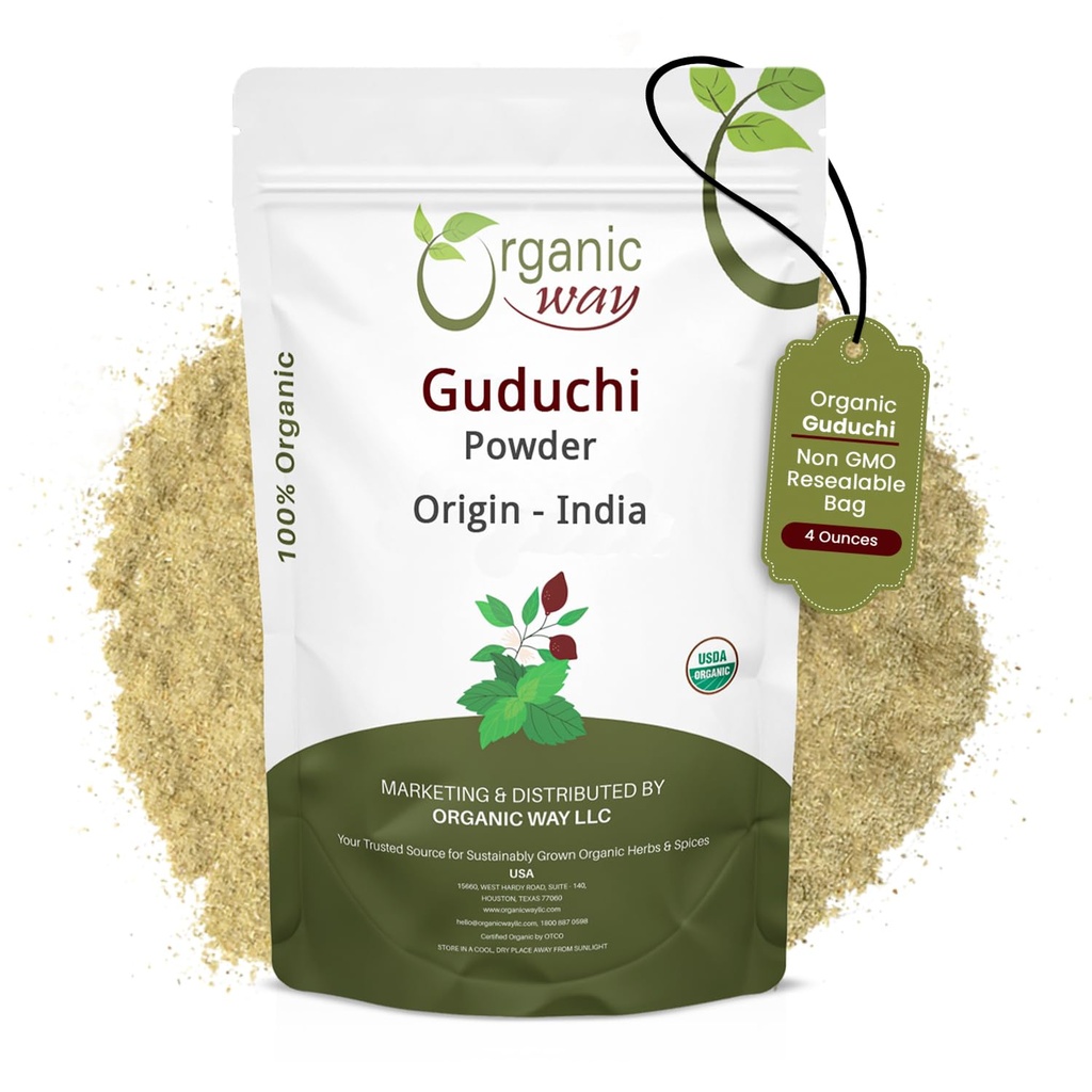Organic Way Premium Grade Guduchi Powder (Tinospora cordifolia) - Organic & Kosher Certified | Raw, Vegan, Non GMO & Gluten Free | USDA Certified | Origin - India (4 Oz)