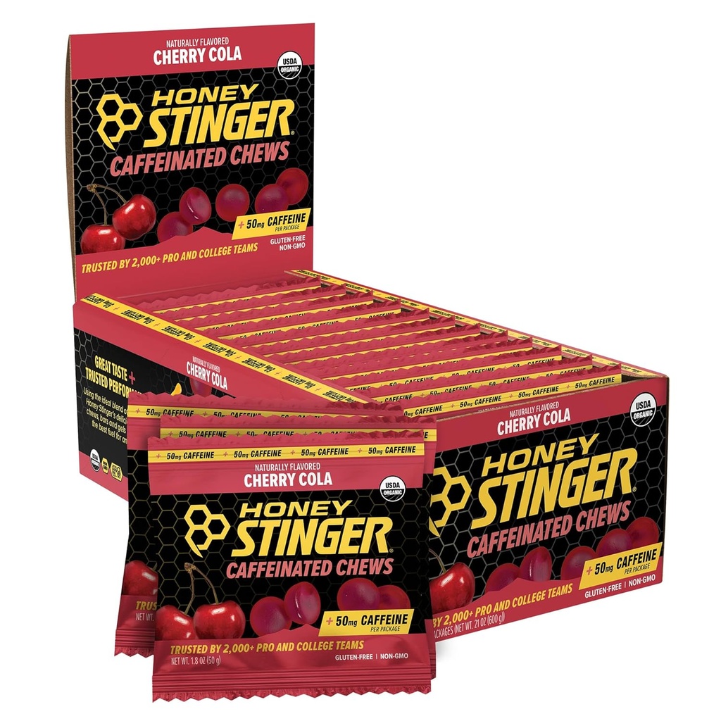 Μέλι Stinger Cherry Cola Caffeinated Energy Chew, χωρίς γλουτένη, με καφεΐνη, για άσκηση, τρέξιμο και απόδοση, Αθλητική διατροφή για το σπίτι & γυμναστήριο, προ και μέση προπόνηση, 12 Πακέτο, 23.2 Ουγγιά