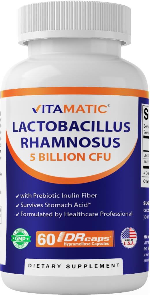Vitamatic Lactobacillus Rhamnosus 5 δισεκατομμύρια ανά DR κάψουλα (10 δισεκατομμύρια ανά 2 κάψουλες) - 60 Count - Advanced Digestive & Immune Support - Made with Prebiotic Inulin Fiber