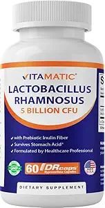 Vitamatic Lactobacillus Rhamnosus 5 Billion per DR Capsule (10 Billion Per 2 Capsules) - 60 Count - Advanced Digestive & Immune Support - Made with Prebiotic Inulin Fiber