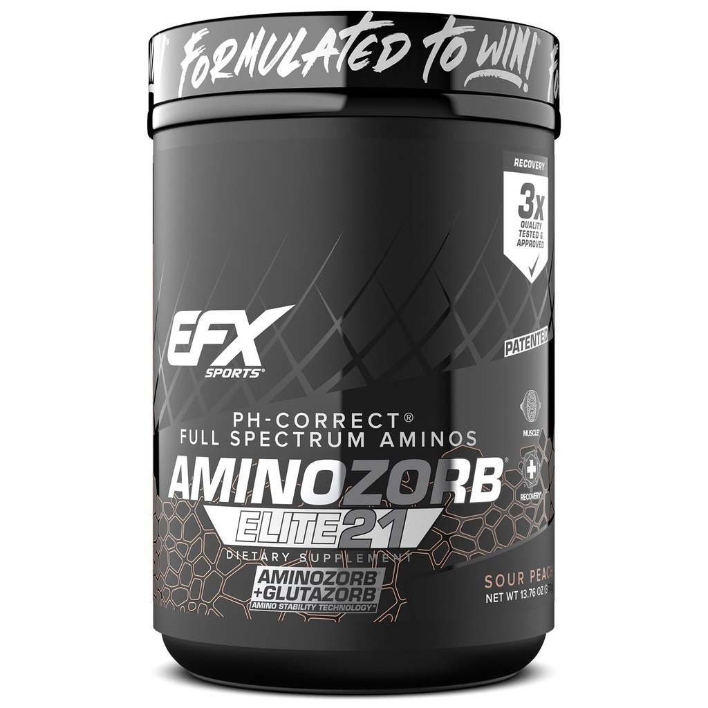 EFX Sports Aminozorb Elite 21 | PH-Correct, Full Spectrum Aminos + Glutamine | Essential & Non Essential Aminos | Zero Sugars | 30 Servings (Sour Peach)