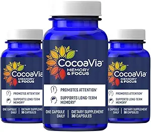 CocoaVia Memory & Focus Brain Supplement, 90 Day, Cocoa Flavanol Blend, Lutein, Added Caffeine for Boost. Improve Cognitive Function, Attention, Vegan & Plant Based, 90 Capsules
