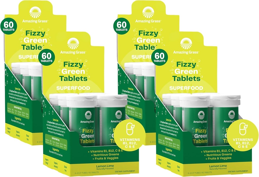 Amazing Grass Fizzy Green Tablets Superfood Lemon Lime: Green Superfood Water Flavoring Tablet with Antioxidants & Alkalising Greens, 60 Count (Packaging May Vary) (Pack of 4)