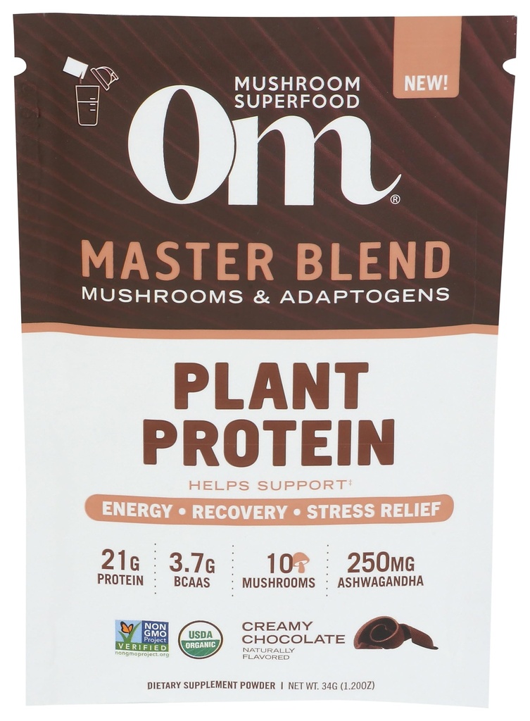Om Mushroom Superfood, Protein Plant Based Master Blend Chocolate Single, 1.3 Ounce