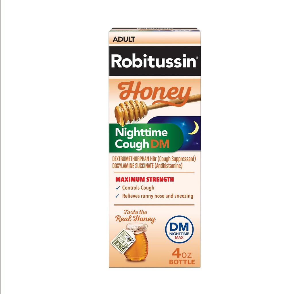 Robitussin Honey Nighttime Cough DM Max - Controls Cough, Runny Nose and Sneezing - Adult Formula, 4 Fl Oz