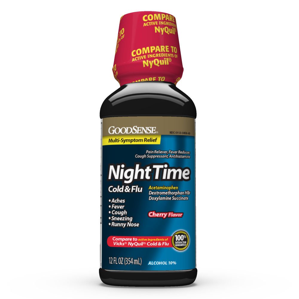 GoodSense Nighttime Cold and Flu Liquid Medicine, 6 Hour Relief of Fever, Sore Throat, Sneezing, Runny Nose, Cough and Aches, Cherry Flavor, 12 Fl Oz (Pack of 6)