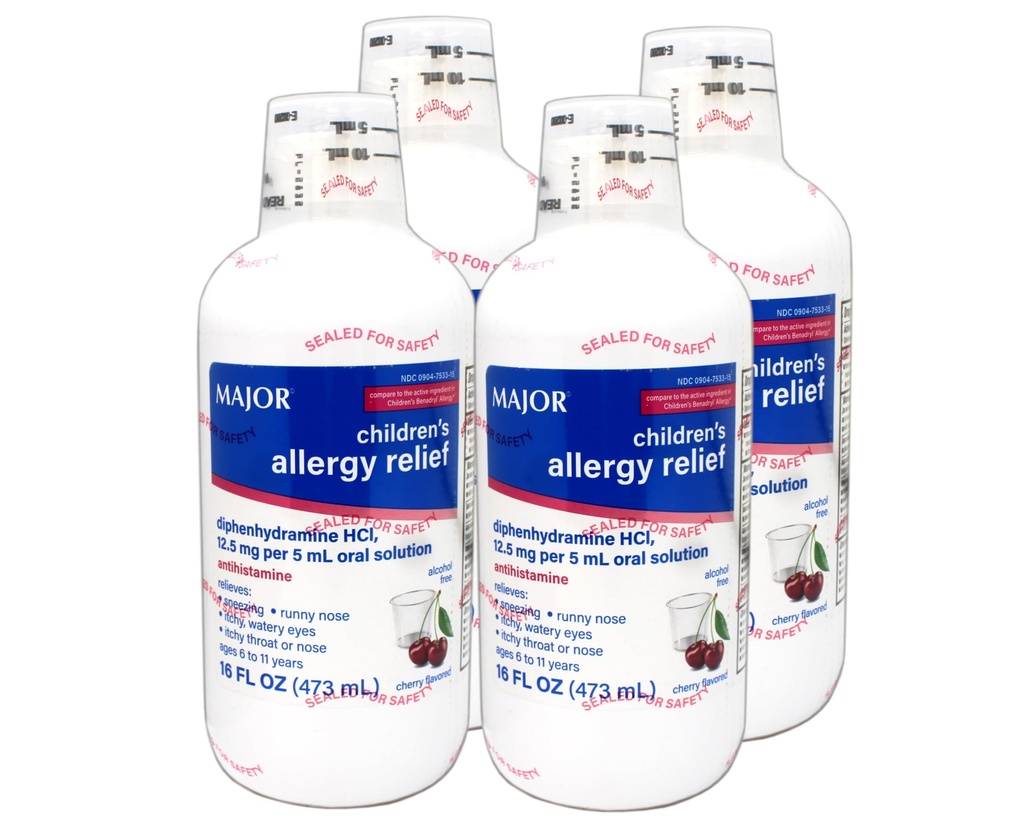 MAJOR Children's Allergy Relief Diphenhydramine HCI 12.5mg/5 mL Oral Solution, Cherry Flavored, 16 FL OZ (Pack of 4)