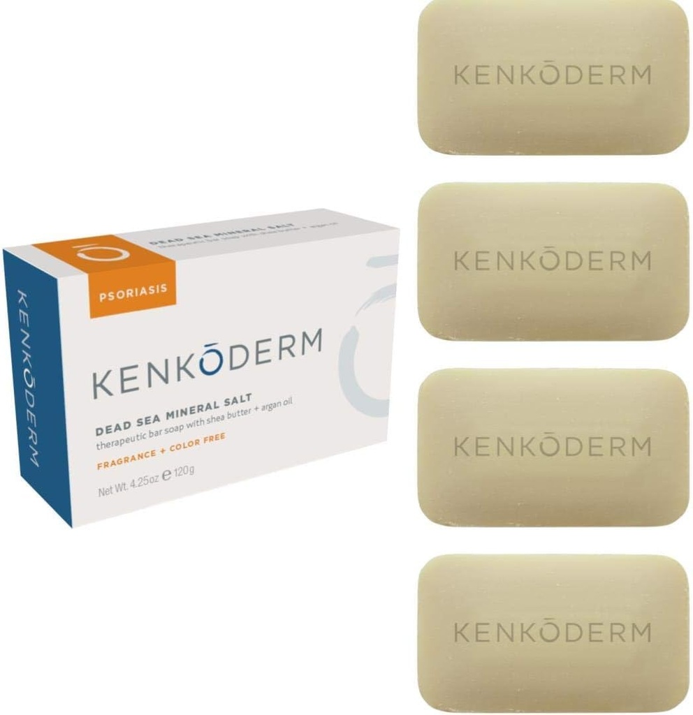 Kenkoderm Psoriasis Dead Sea Mineral Salt Soap with Argan Oil & Salicylic Acid, Natural Exfoliating Body & Face Cleanser for Sensitive Skin, Color & Fragrance Free, 4.25 Ounce, Pack of 4 Bars