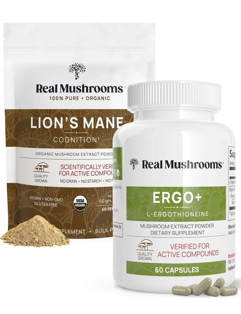 Real Mushrooms Ergothioneine (60ct) and Lion’s Mane Organic Powder (60 Servings) Bundle with Shiitake and Oyster Mushroom Extracts - Longevity and Cognition - Vegan, Gluten Free, Non-GMO